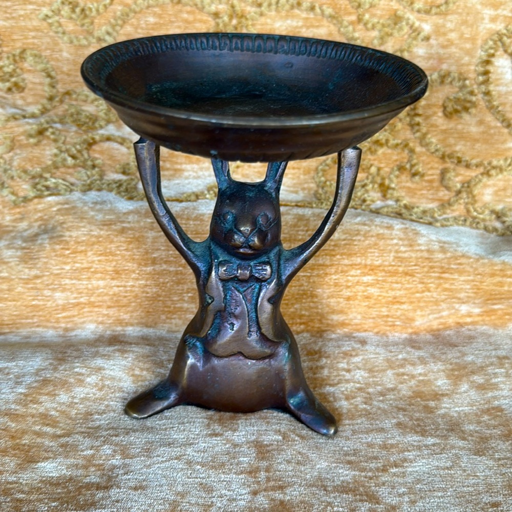Vintage Brass Rabbit Butler Holding Display Tray | Gold Bunny with Dish .